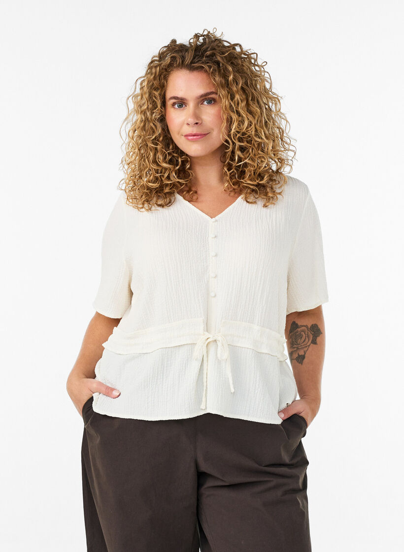 Bluse med struktur og bindeb&aring;nd i taljen, Vanilla, Model image number 0