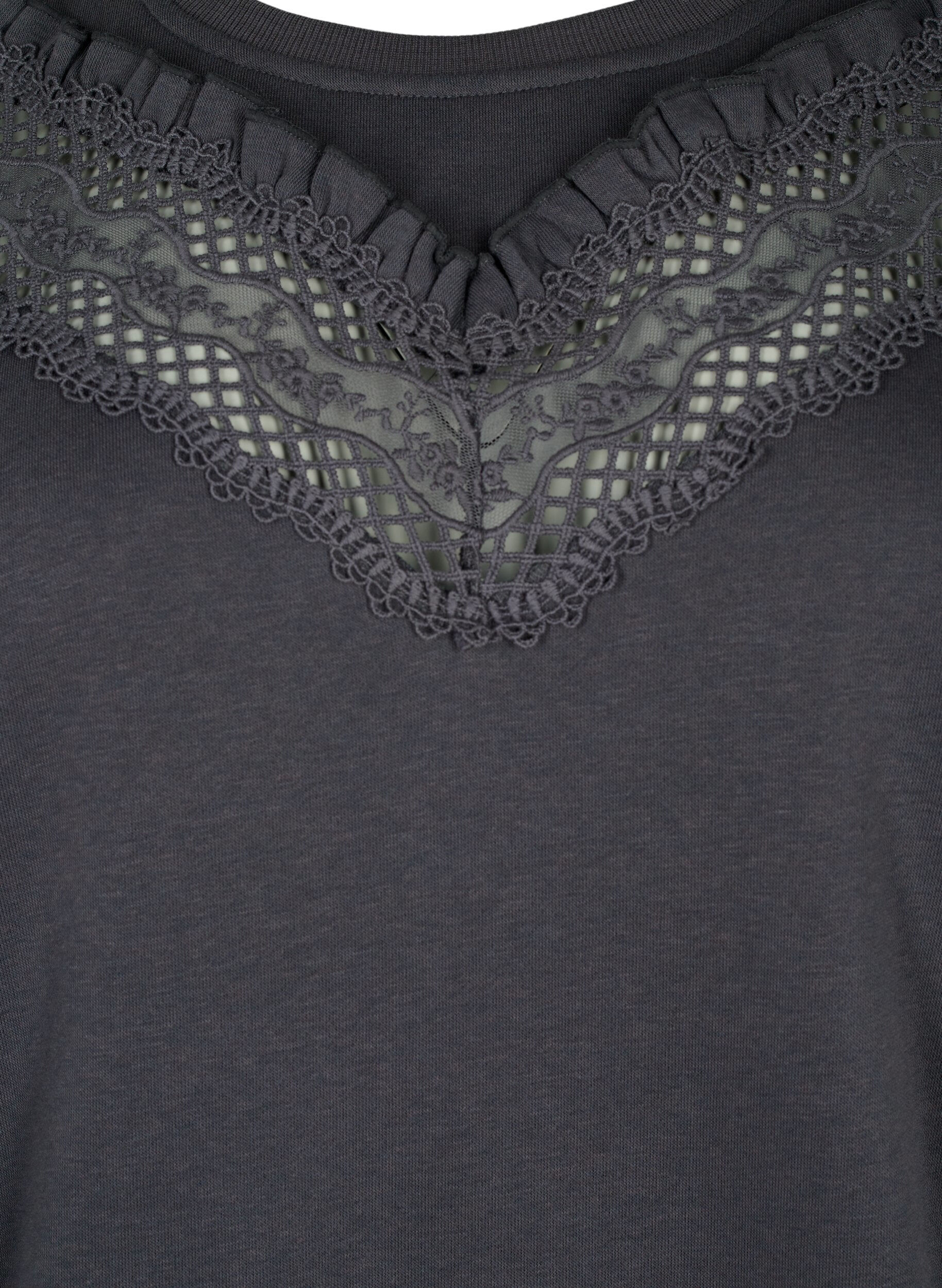 Zizzi Sweatshirt med fl&aelig;se og crochet detalje, Dark Grey, Packshot image number 2