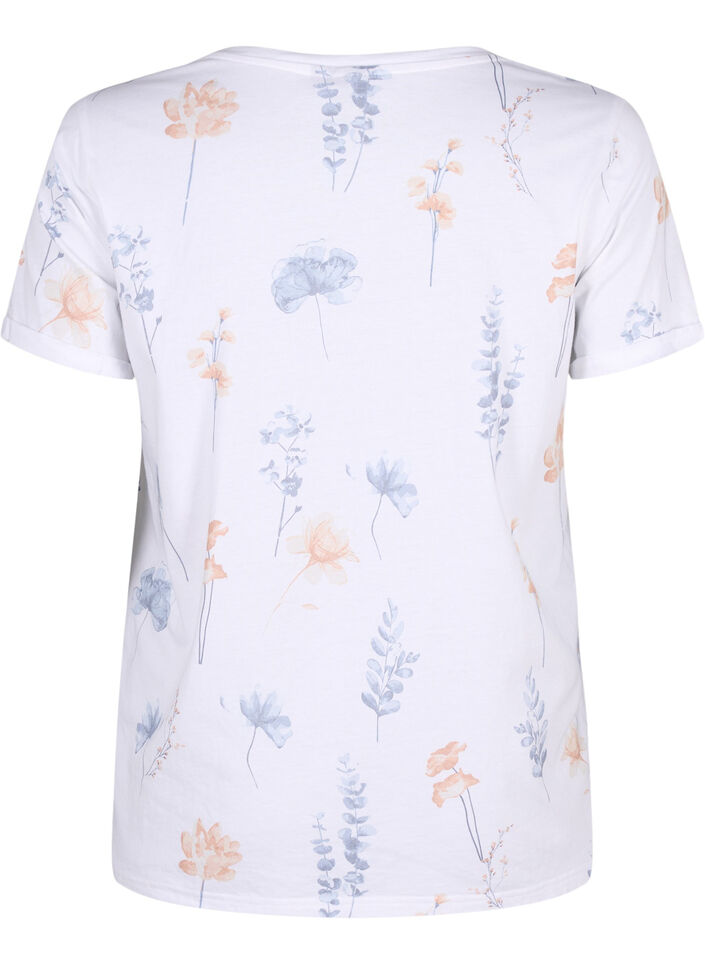 T-shirt i økologisk bomuld med blomsterprint, White W. Blue flower, Packshot image number 1