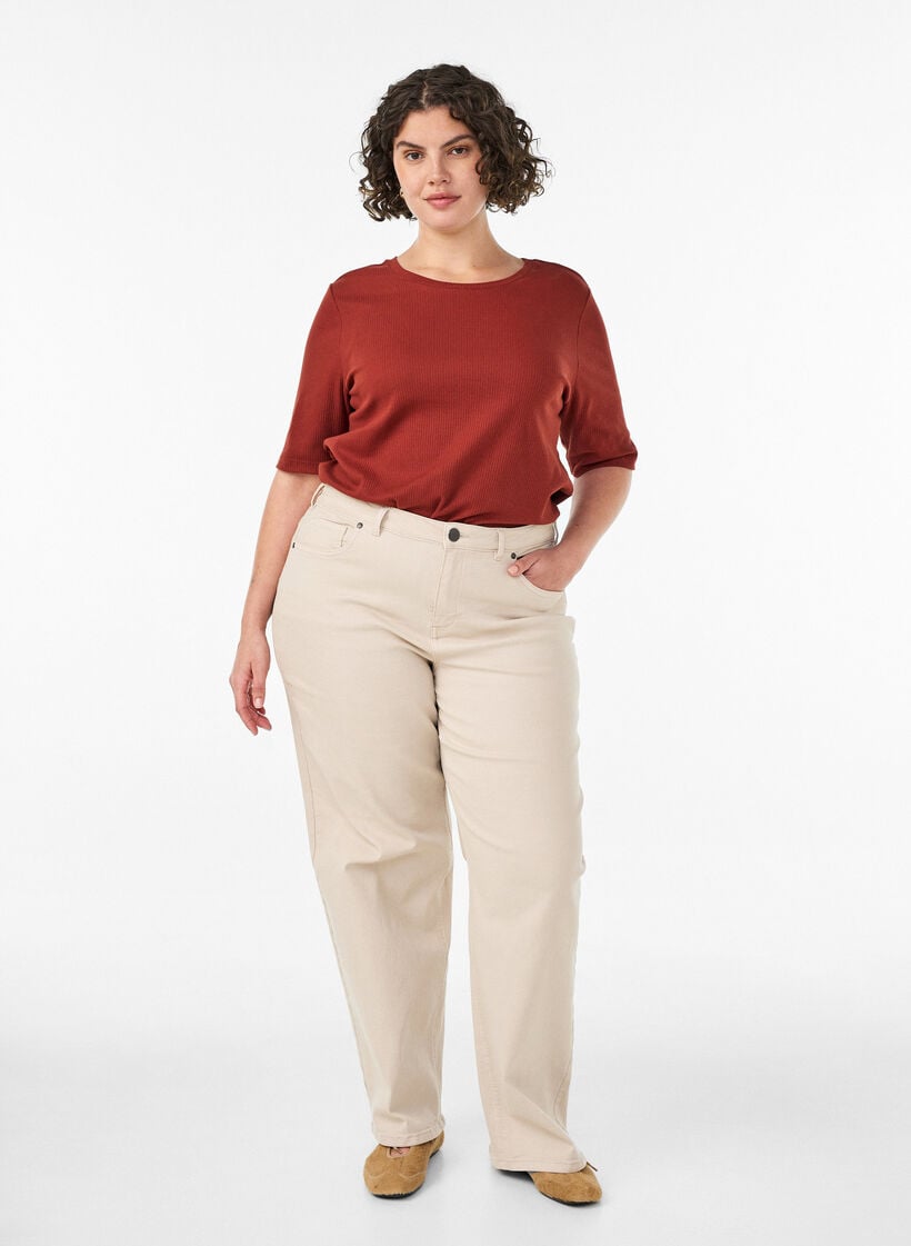 Ribbet jerseybluse med korte &aelig;rmer, R&oslash;d, Model image number 1
