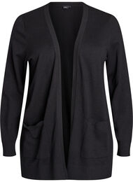 Lang strikcardigan med lommer og &aring;bent design, Sort