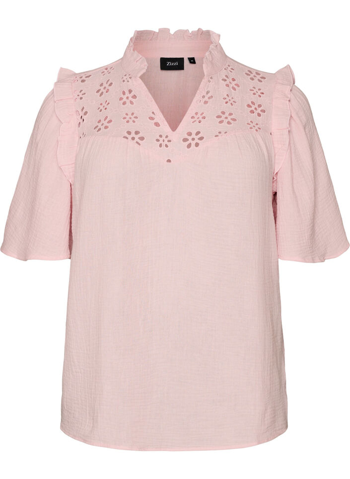 Bluse i bomuldsmusselin med broderie anglaise og 1/2 &aelig;rmer, Lyser&oslash;d, Packshot image number 0