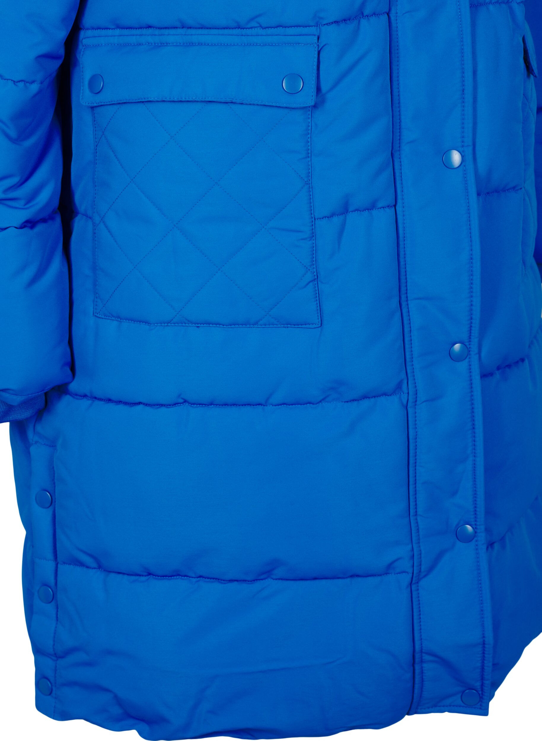 Zizzi Lang puffer jakke med lommer og h&aelig;tte, Bl&aring;, Packshot image number 3