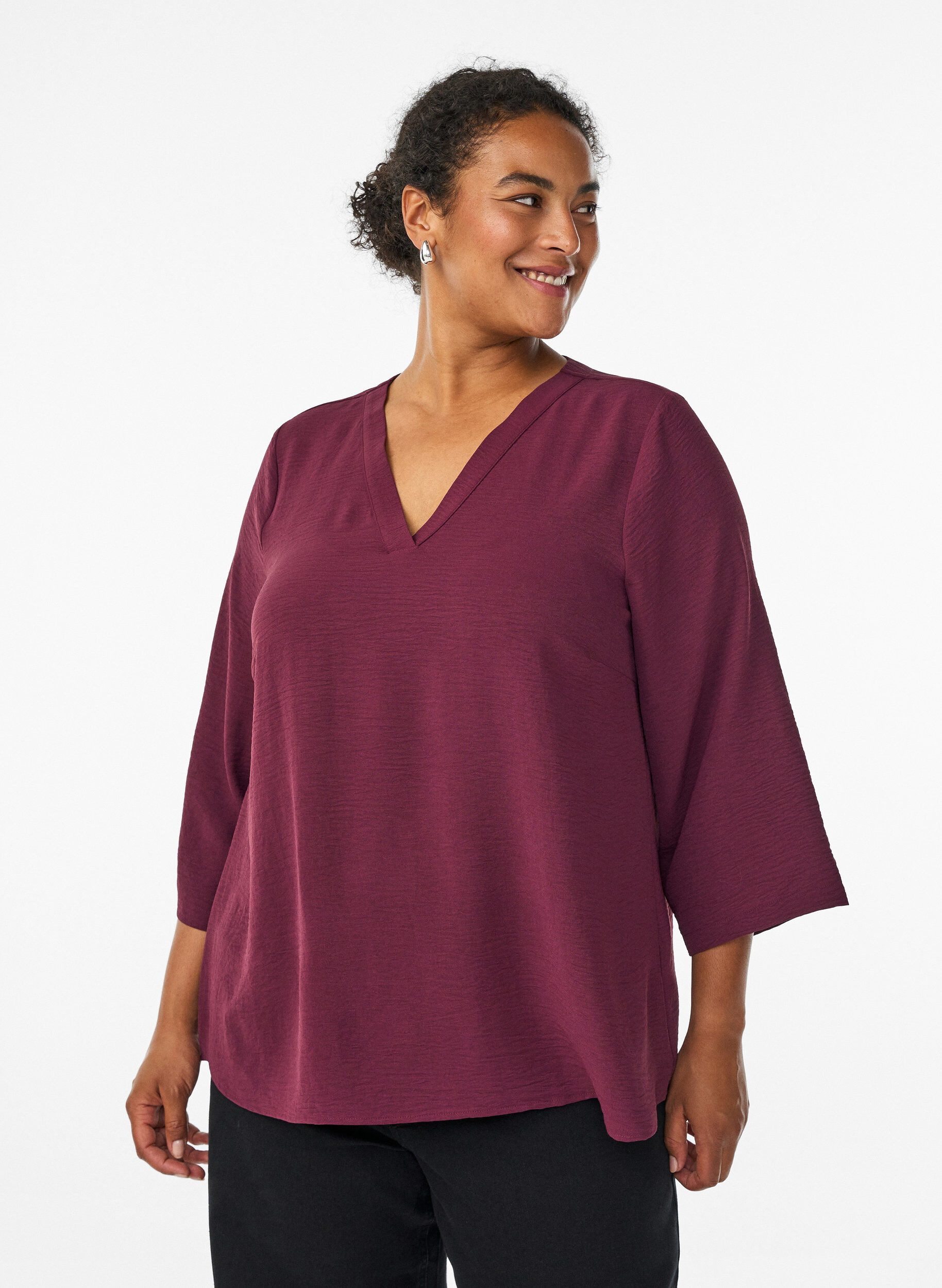 Bluse med 3/4 &aelig;rmer, M&oslash;rk Bordeaux, Model