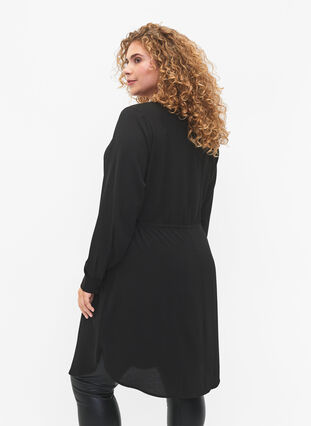Printet kjole med snøre i taljen, Black, Model image number 1