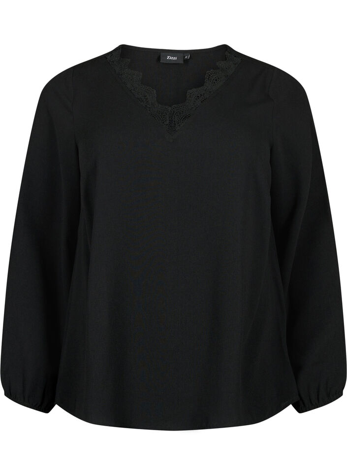 Bluse med v-hals og blondekant, Black, Packshot image number 0