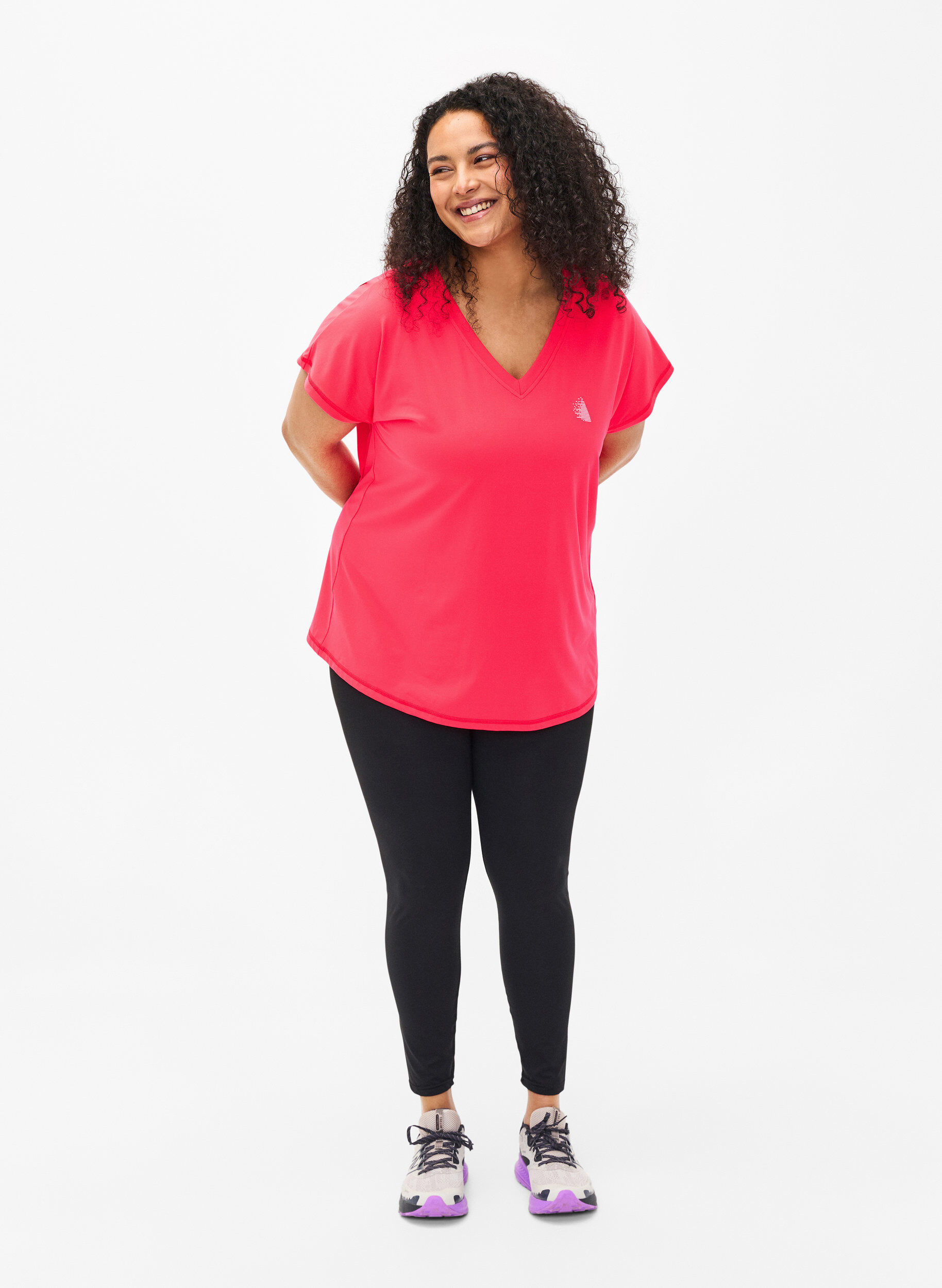 Zizzi L&oslash;s tr&aelig;nings t-shirt med v-hals, Neon Diva Pink, Model image number 2