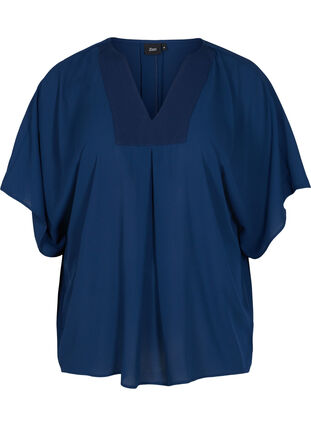 Bluse med v-udskæring og flagermusærmer, Navy Blazer, Packshot image number 0