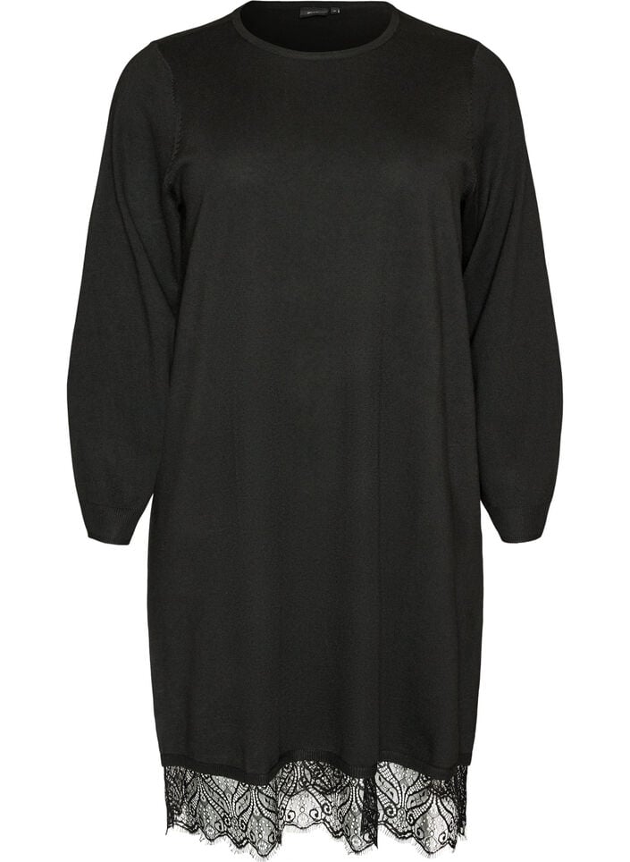 Kort strikkjole med blondekant, Sort, Packshot image number 0
