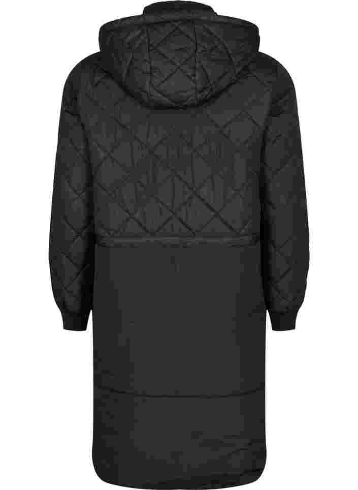 Quiltet jakke med hætte og justerbar talje, Black, Packshot image number 1