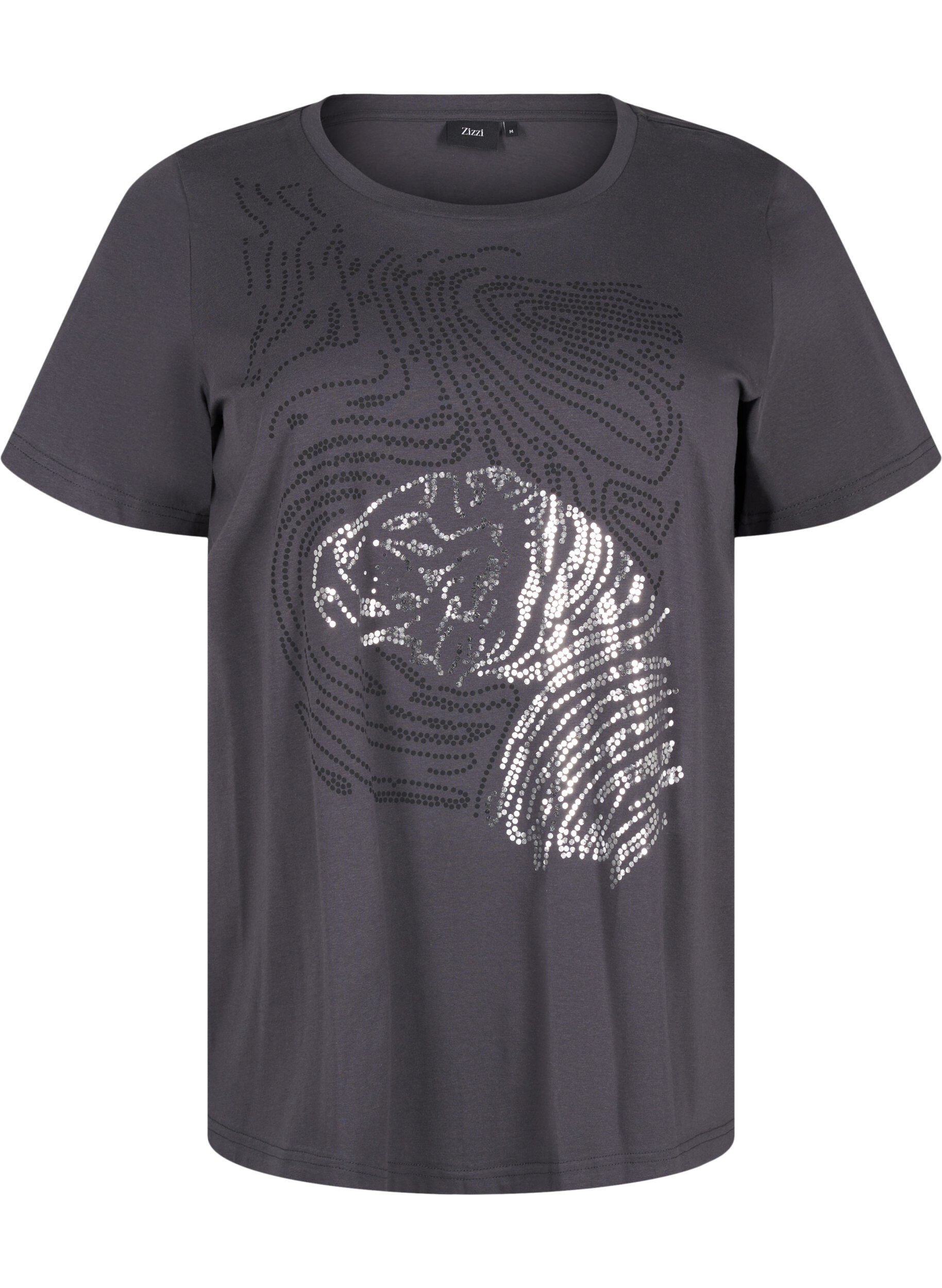 Zizzi Bomulds t-shirt med print, Asphalt w. Tiger, Packshot image number 0