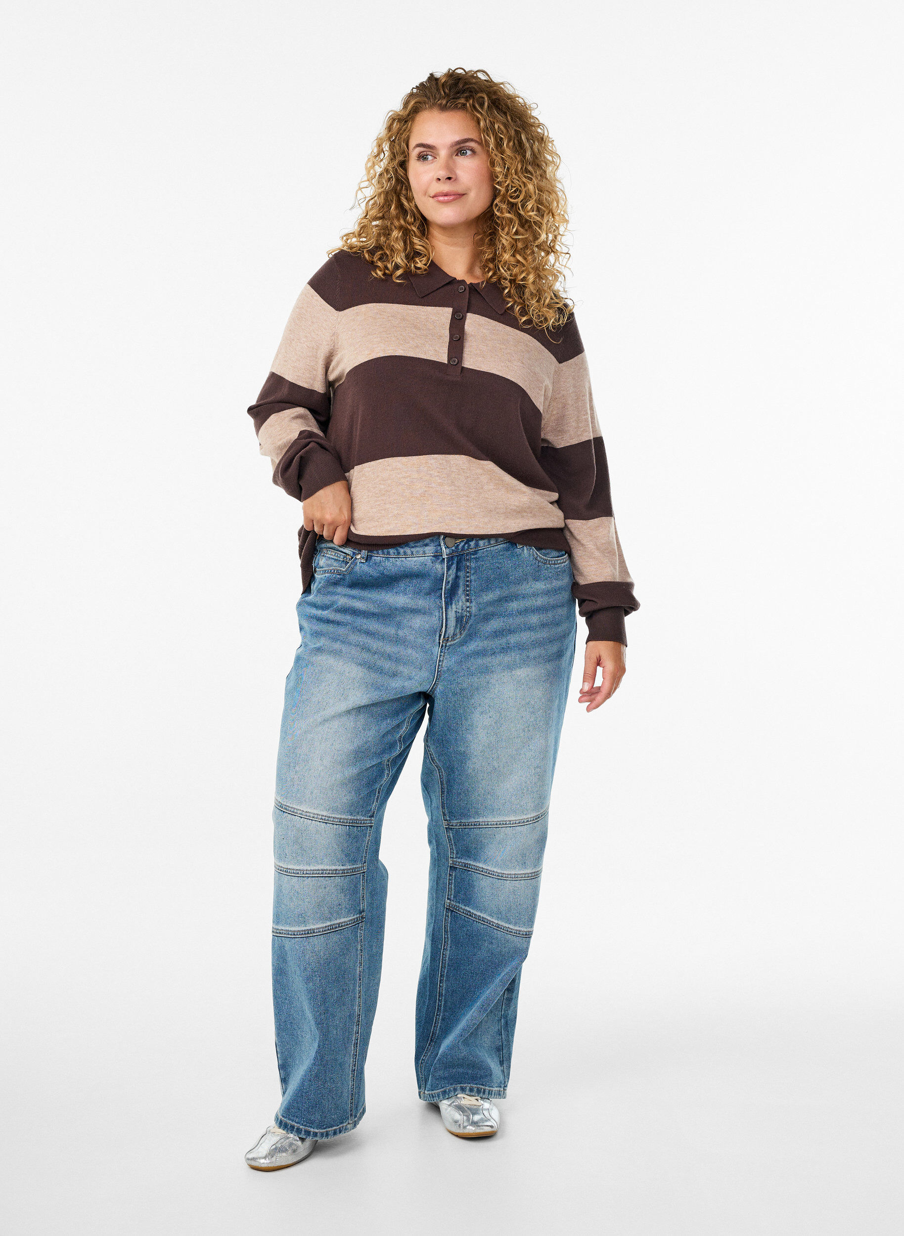 Zizzi Strikbluse med polokrave, Brun, Model image number 1