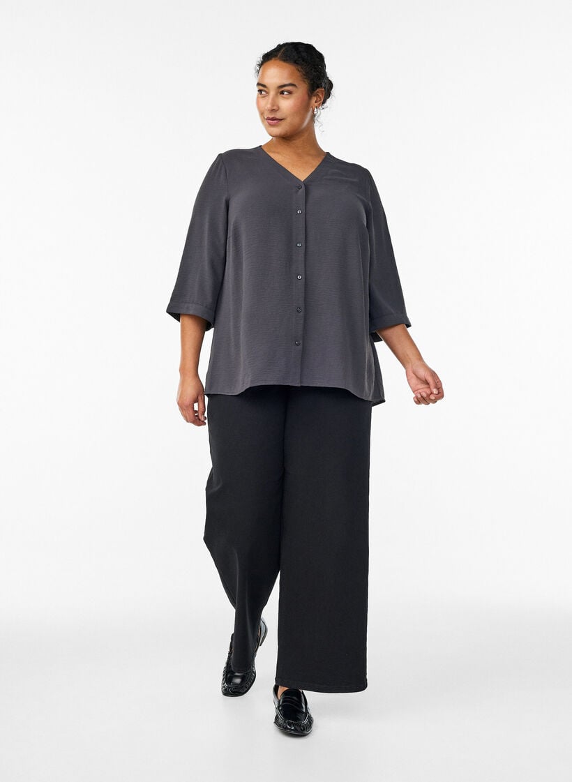 Skjortebluse med V-udsk&aelig;ring og 3/4-&aelig;rmer, Gr&aring;, Model image number 1