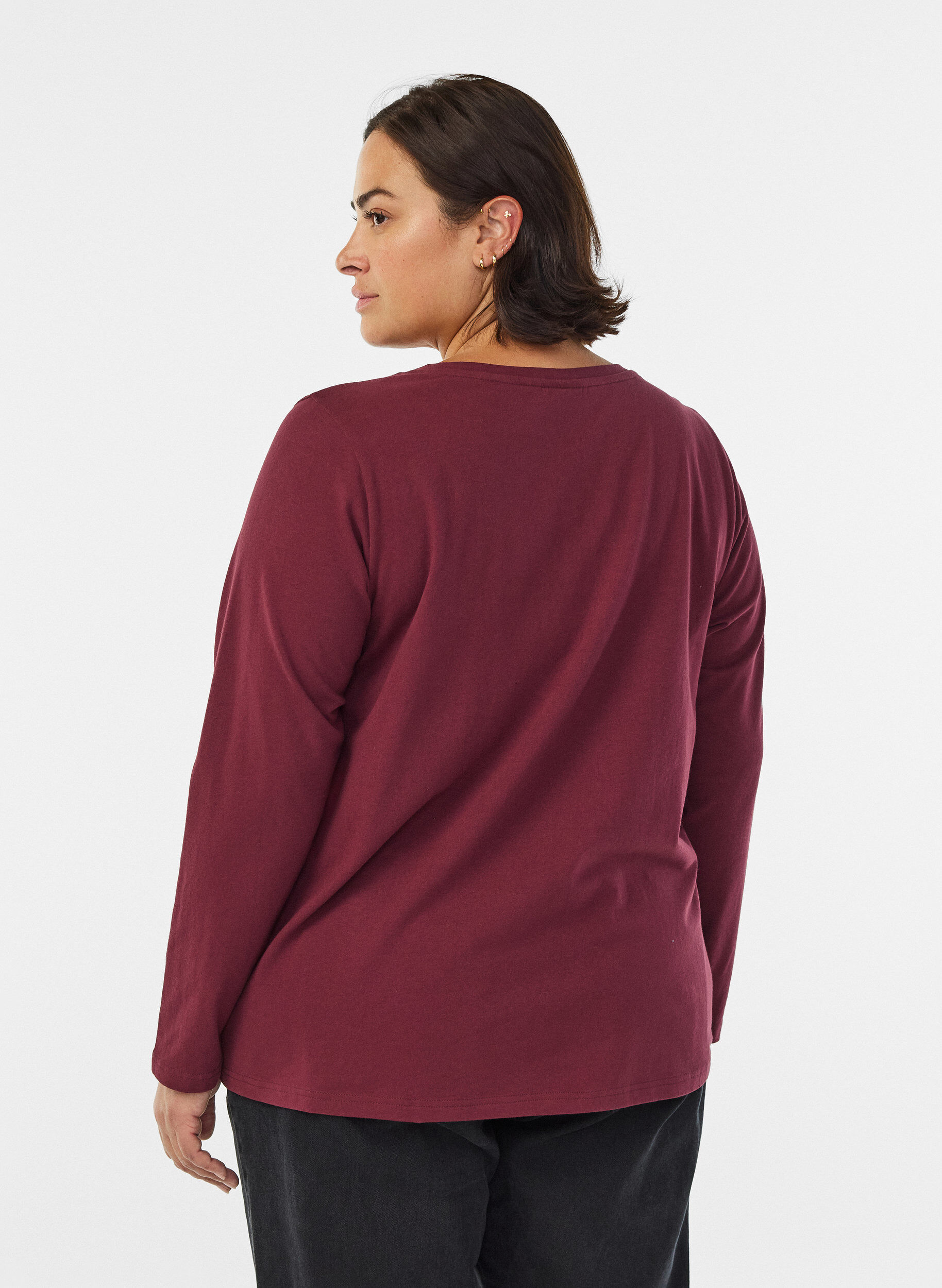 Zizzi Basis jerseybluse med lange &aelig;rmer, M&oslash;rk Bordeaux, Model image number 2
