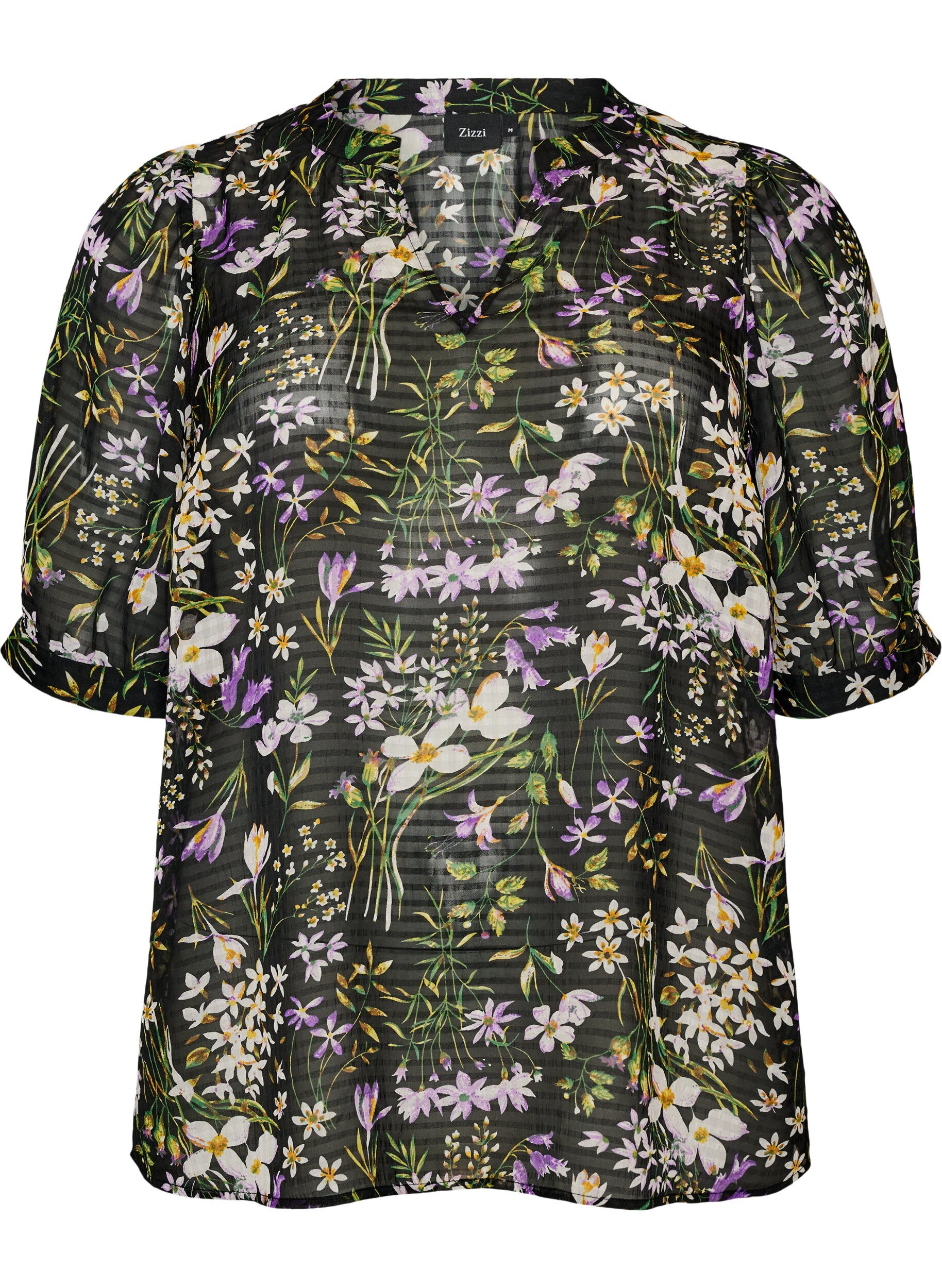 ZizziBluse med blomsterprint og V-udsk&aelig;ring, Sort, Packshot image number 0