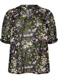 Bluse med blomsterprint og V-udsk&aelig;ring, Sort