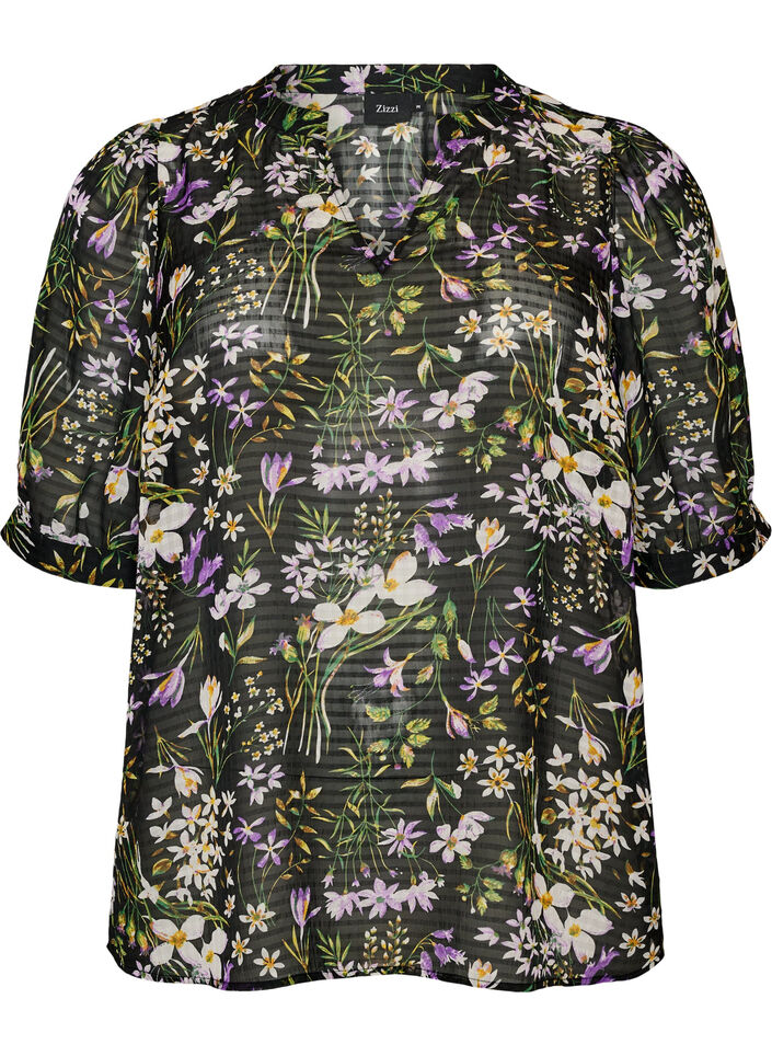 Bluse med blomsterprint og V-udsk&aelig;ring, Sort, Packshot image number 0
