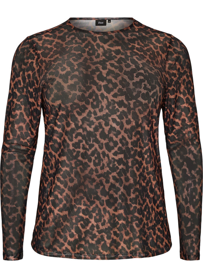 Meshbluse med print, Brun, Packshot image number 0