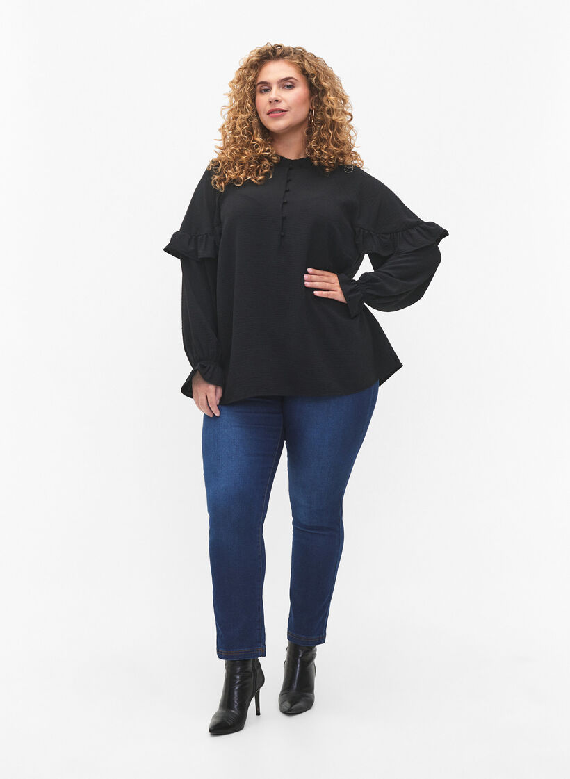 Bluse med fl&aelig;ser og knapper, Black, Model image number 2