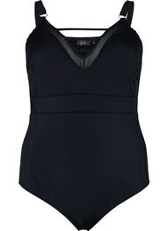 Badedragt med v-udskæring og mesh, Black