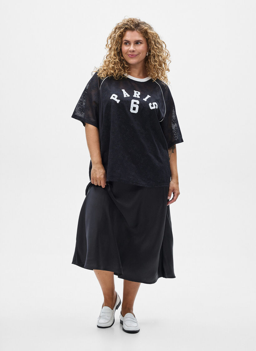 Satin midi-nederdel, Sort, Model image number 0