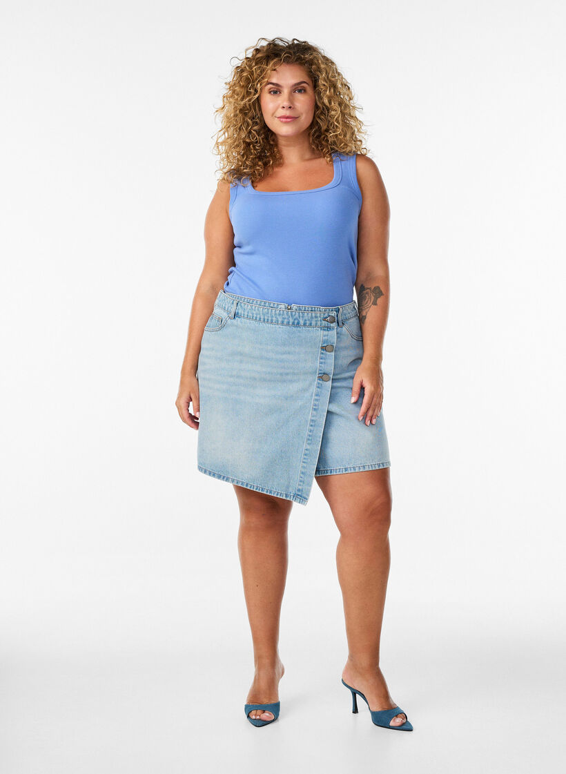 Denimskorts med sl&aring;-om-effekt og h&oslash;j talje, Bl&aring;, Model image number 1