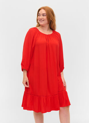 Viskose kjole med 3/4 ærmer , Fiery Red, Model image number 0