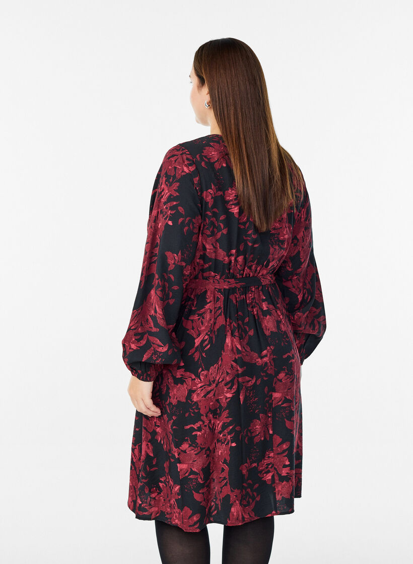 Knælang kjole med bindebælte og wrap-look, Sort, Model image number 2