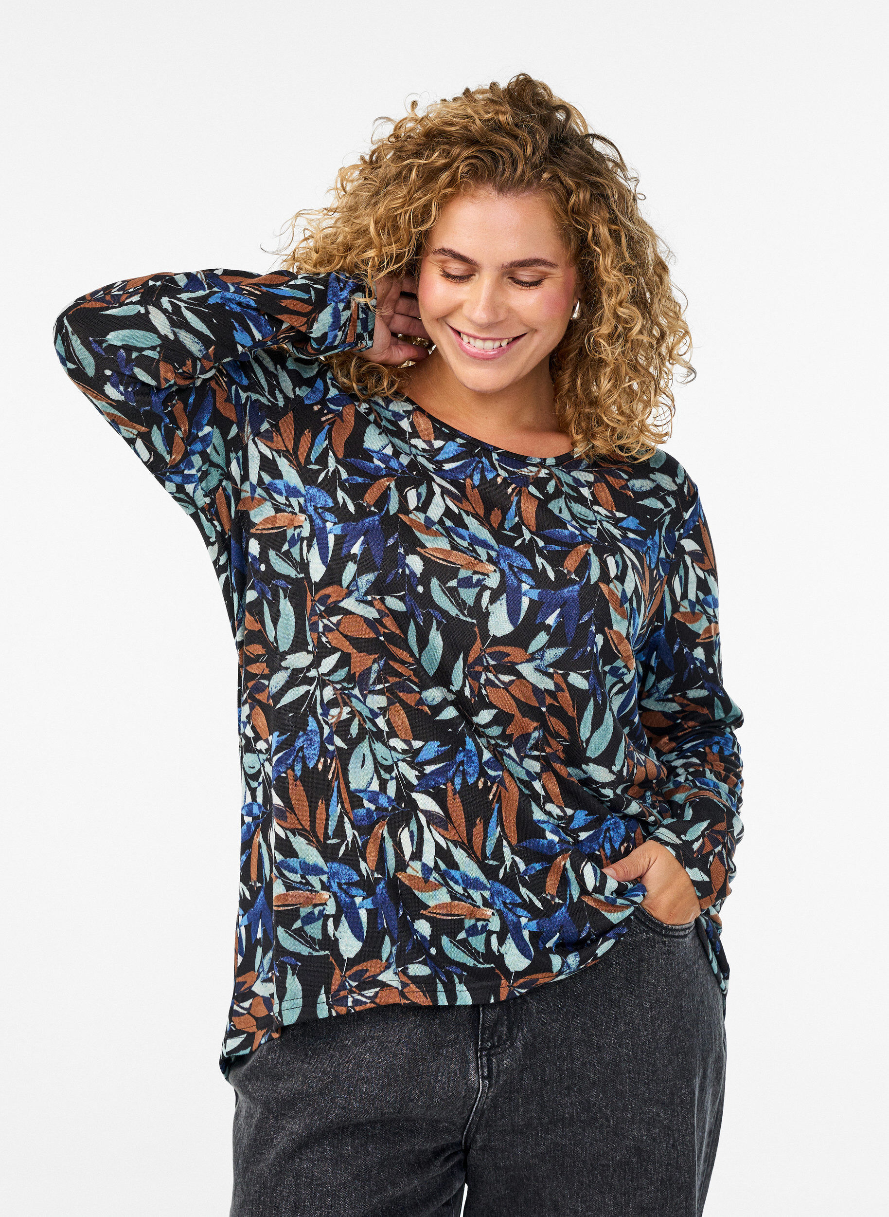 M&oslash;nstret bluse med lange &aelig;rmer, Bl&aring;, Model