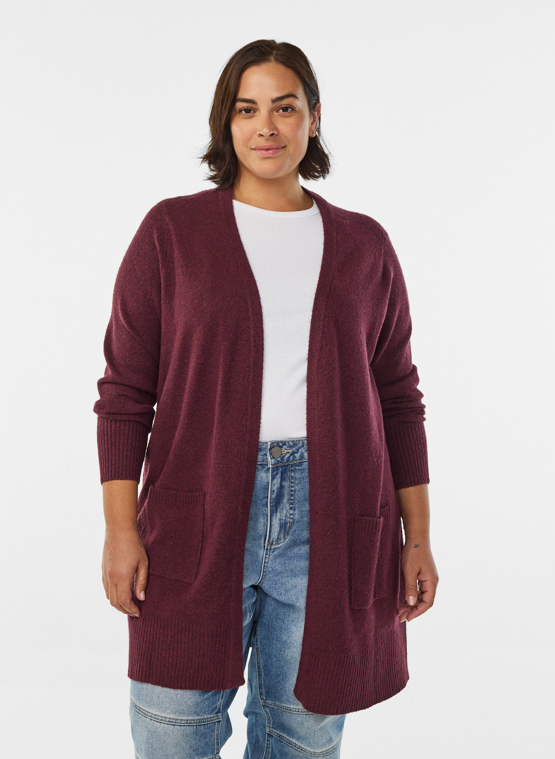 Zizzi Meleret strik cardigan med lommer, M&oslash;rk Bordeaux, Model image number 0