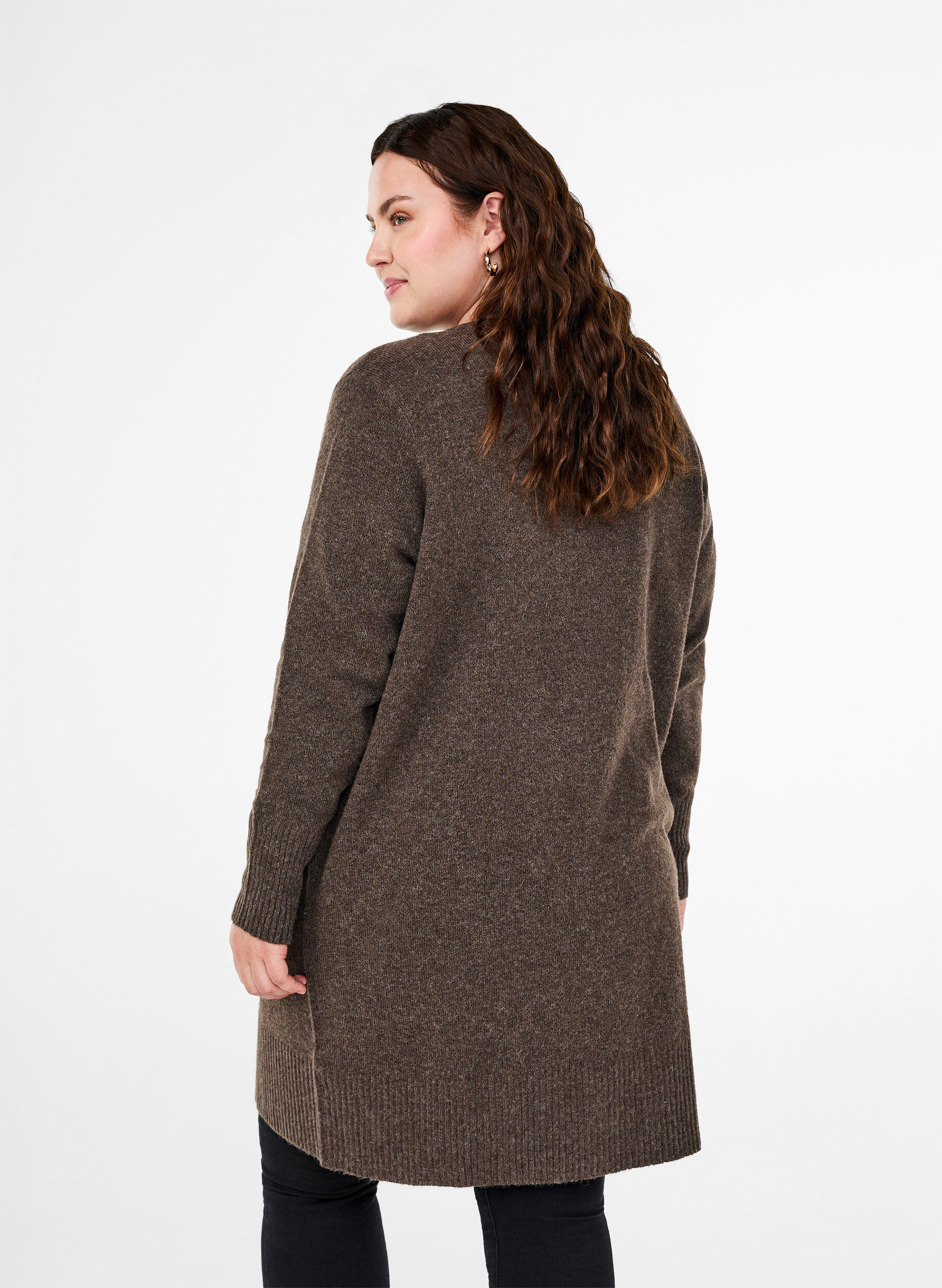 Zizzi Meleret strik cardigan med lommer, Brun, Model image number 2