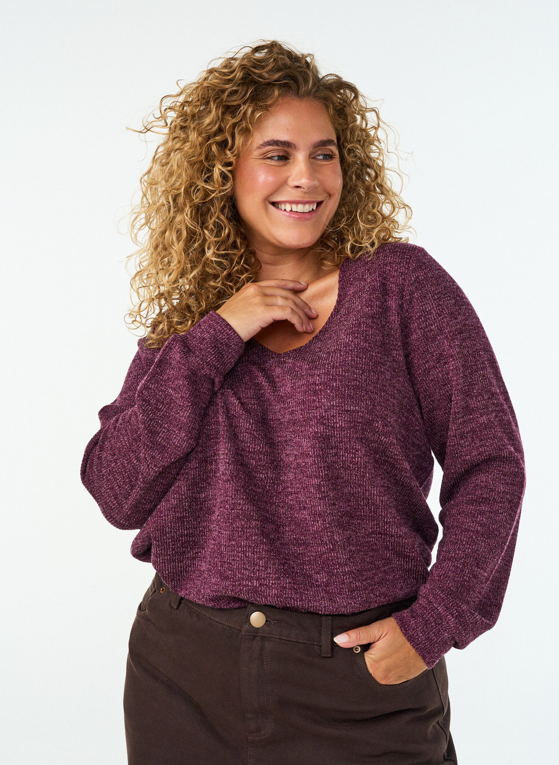 ZizziJerseybluse med V-hals og lange &aelig;rmer, M&oslash;rk Bordeaux, Model image number 0