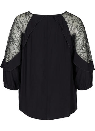 Viskose bluse med blonder og 3/4 ærmer, Black, Packshot image number 1