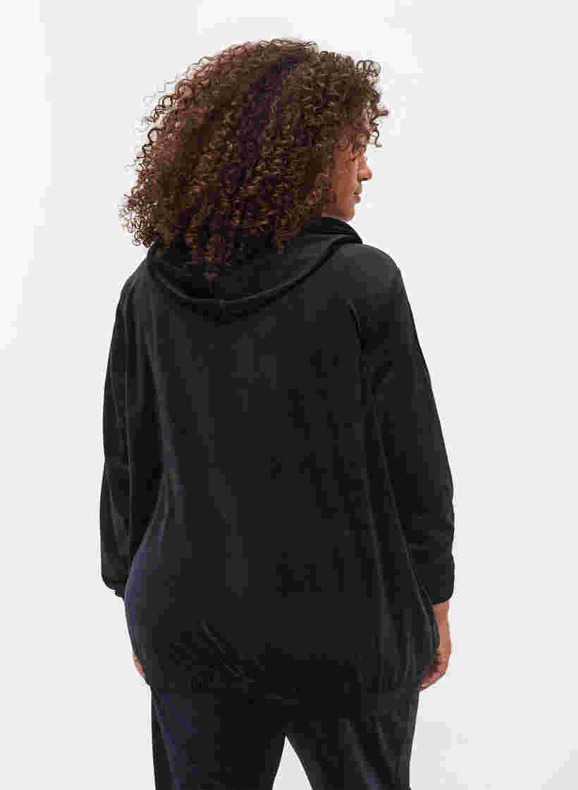 Velour cardigan med lynlås og hætte, Black, Model image number 1