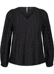 Langærmet bluse med mønster og V-hals, Black