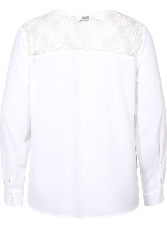 Langærmet bluse med blondedetalje , Bright White, Packshot image number 1