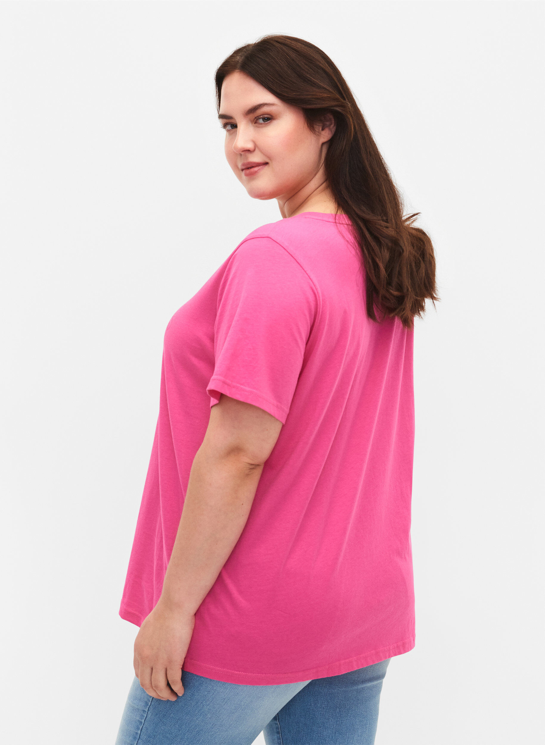 Zizzi Bomulds t-shirt med tekstprint, Shocking Pink W. LOS, Model image number 1