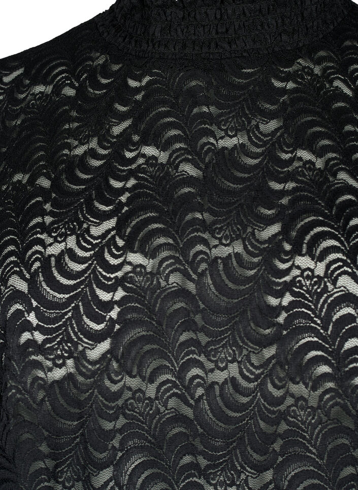 Langærmet blondebluse med smock, Black, Packshot image number 2