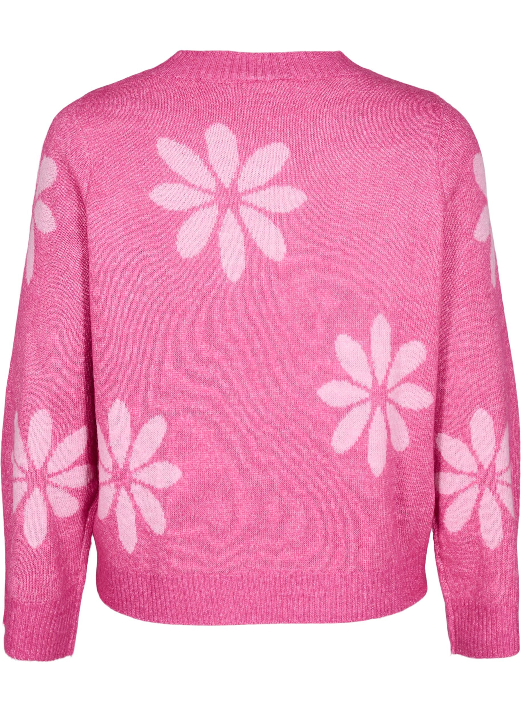 Zizzi Strikbluse med blomster, Raspberry Rose Comb, Packshot image number 1