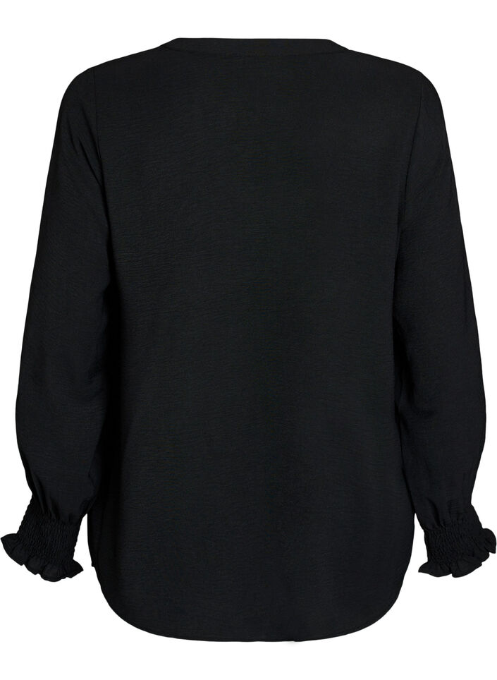 Bluse med smock manchetter og V-udsk&aelig;ring, Sort, Packshot image number 1