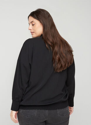 Langærmet bluse med v-udskæring og smock, Black, Model image number 1