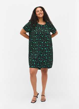 Printet kjole med korte ærmer, Green Flower AOP, Model image number 2