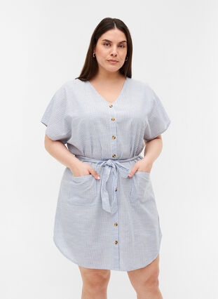 Stribet skjortekjole i bomuld med lommer, Country Blue Stripe, Model image number 0