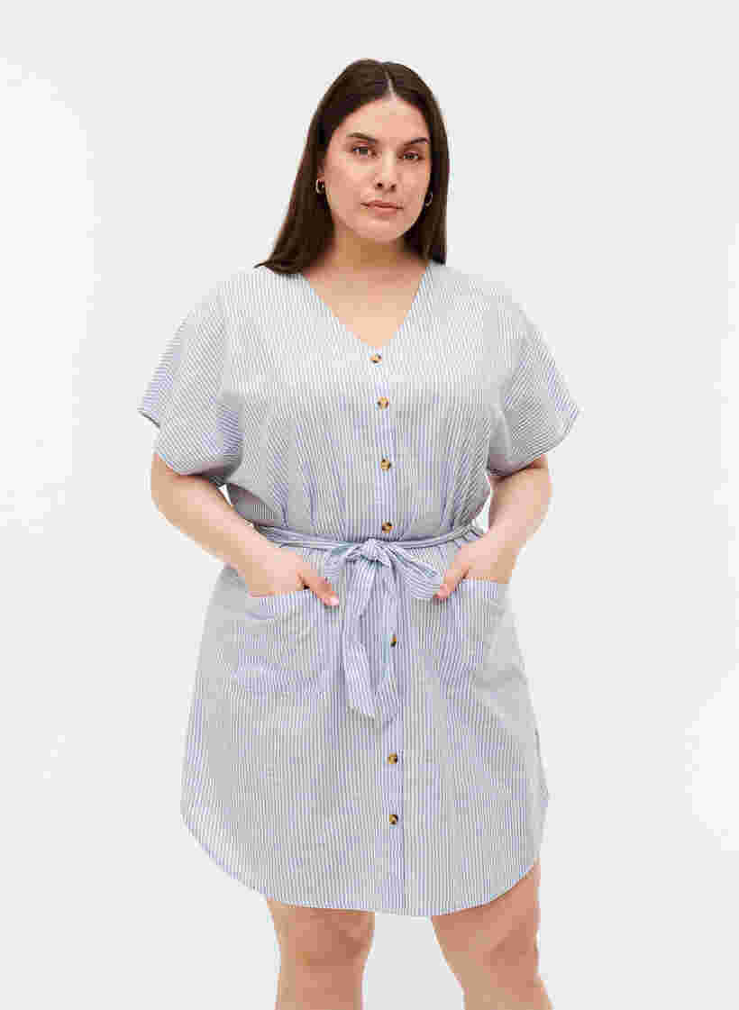 Stribet skjortekjole i bomuld med lommer, Country Blue Stripe, Model image number 0