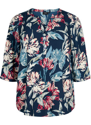 Prikket bluse med 3/4 ærmer , Navy Flower, Packshot image number 0