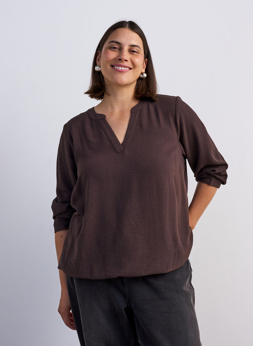 Bluse med ballonform og V-udsk&aelig;ring, Brun, Model image number 0