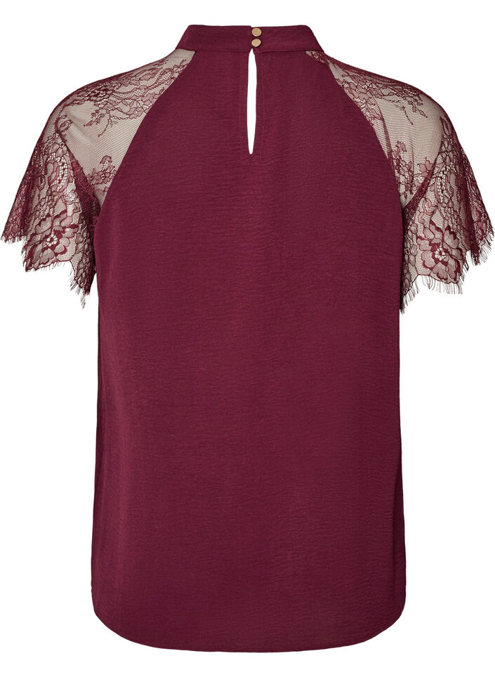 Bluse med korte blonde&aelig;rmer og h&oslash;j hals, R&oslash;d, Packshot image number 1