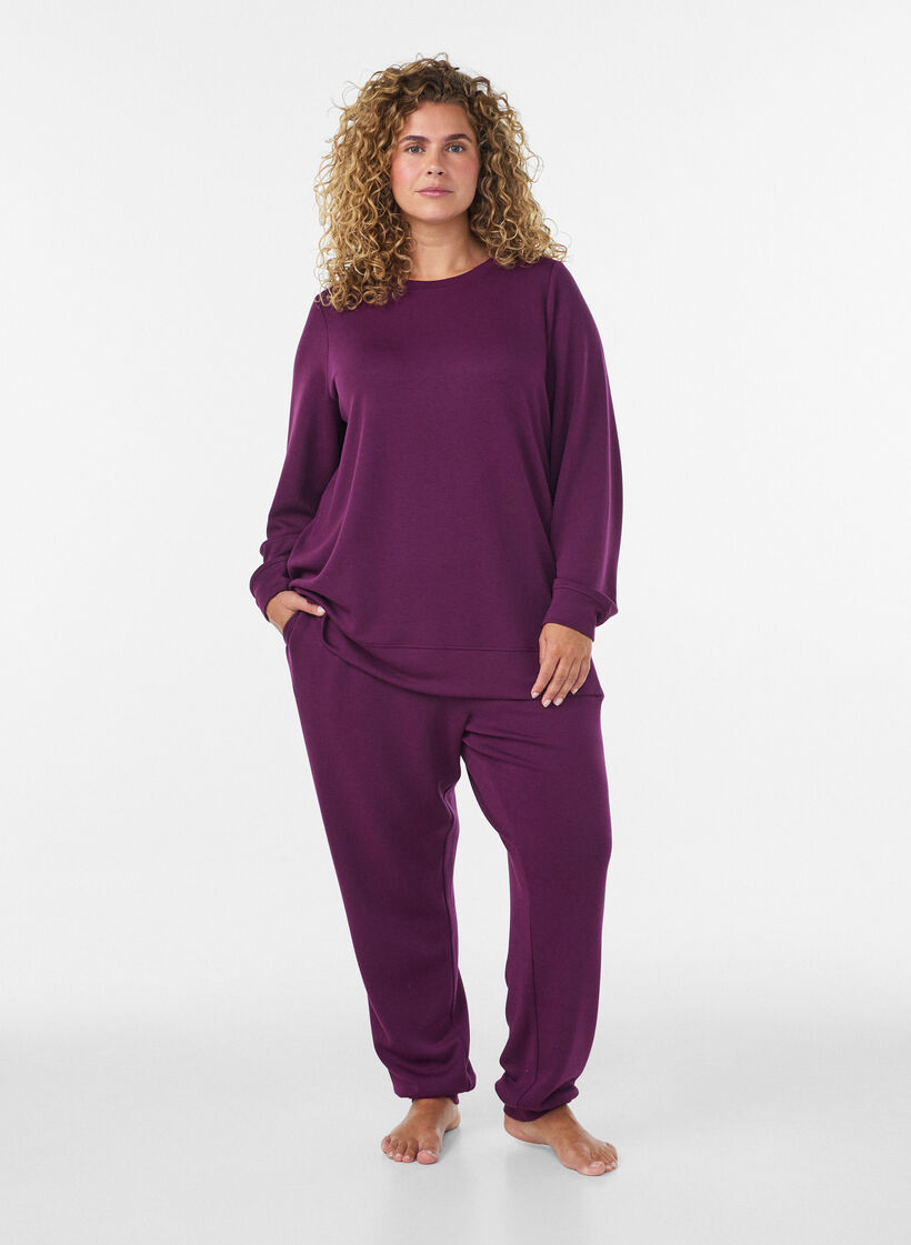 Lang&aelig;rmet jerseybluse med rund hals, Lilla, Model image number 1