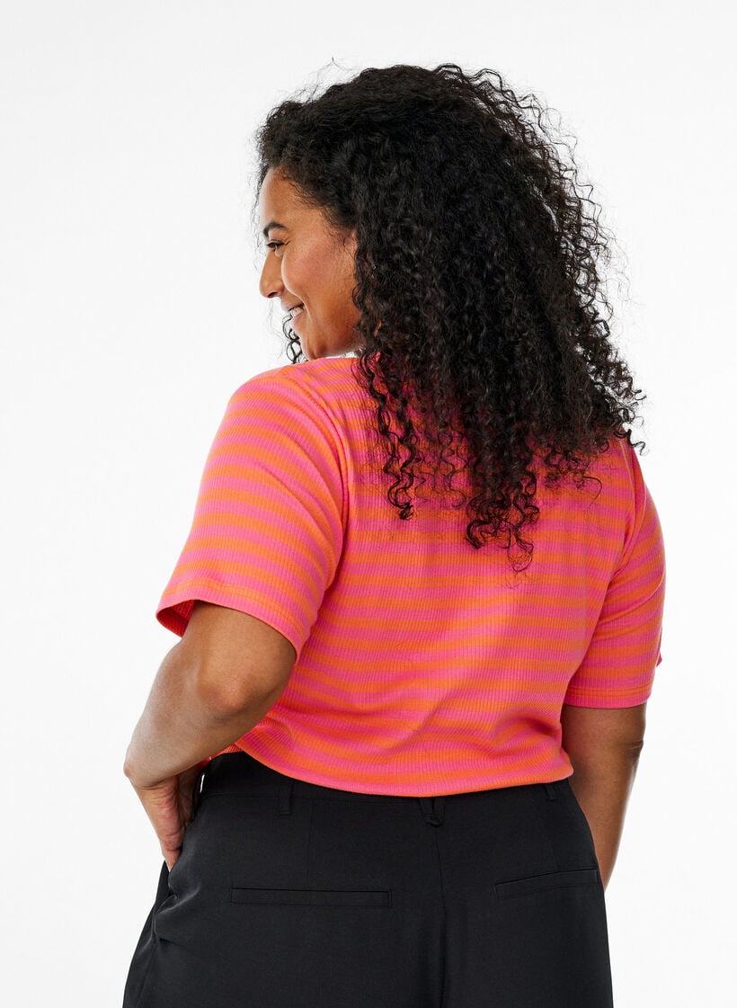 Stribet t-shirt med ribstruktur, Orange, Model image number 2