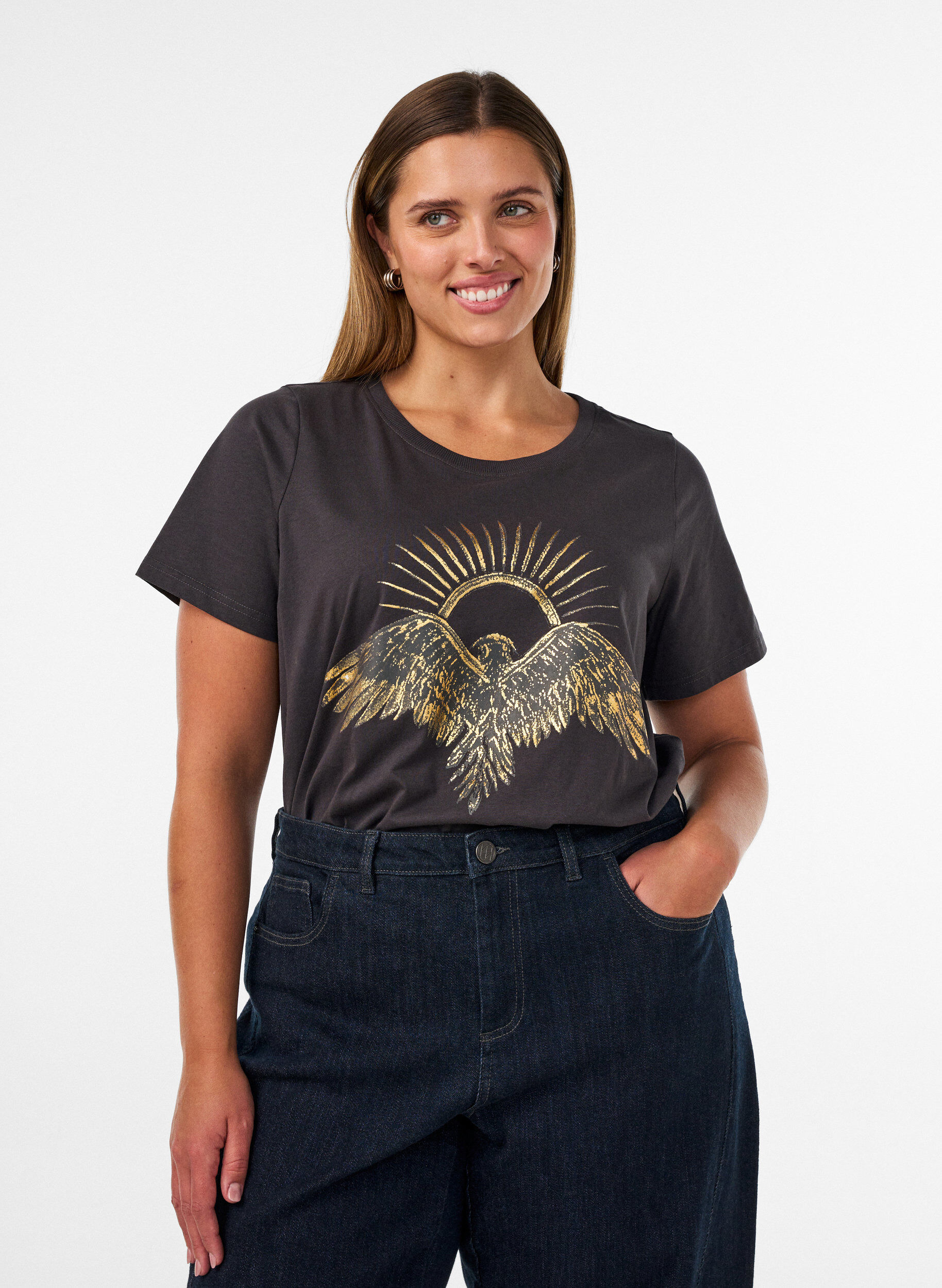 T-shirt i bomuld med print foran, Gr&aring;, Model